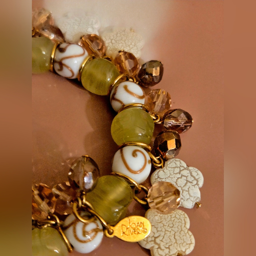 Joan Rivers rose gold,& olive green glass bead & charm stretch bracelet - Picture 9 of 11